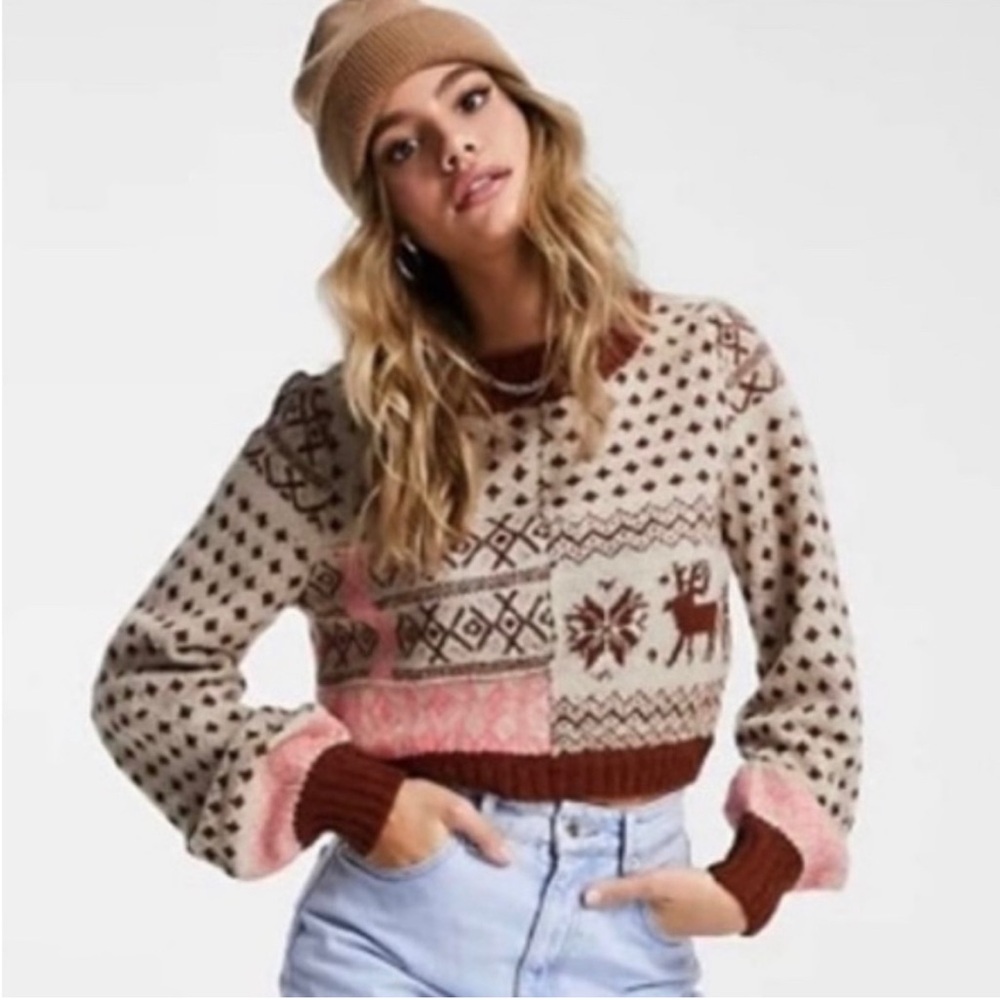 NWOT Free People Cropped Balloon Sleeve Snow Globe Gingerbread Cookie Sweater S